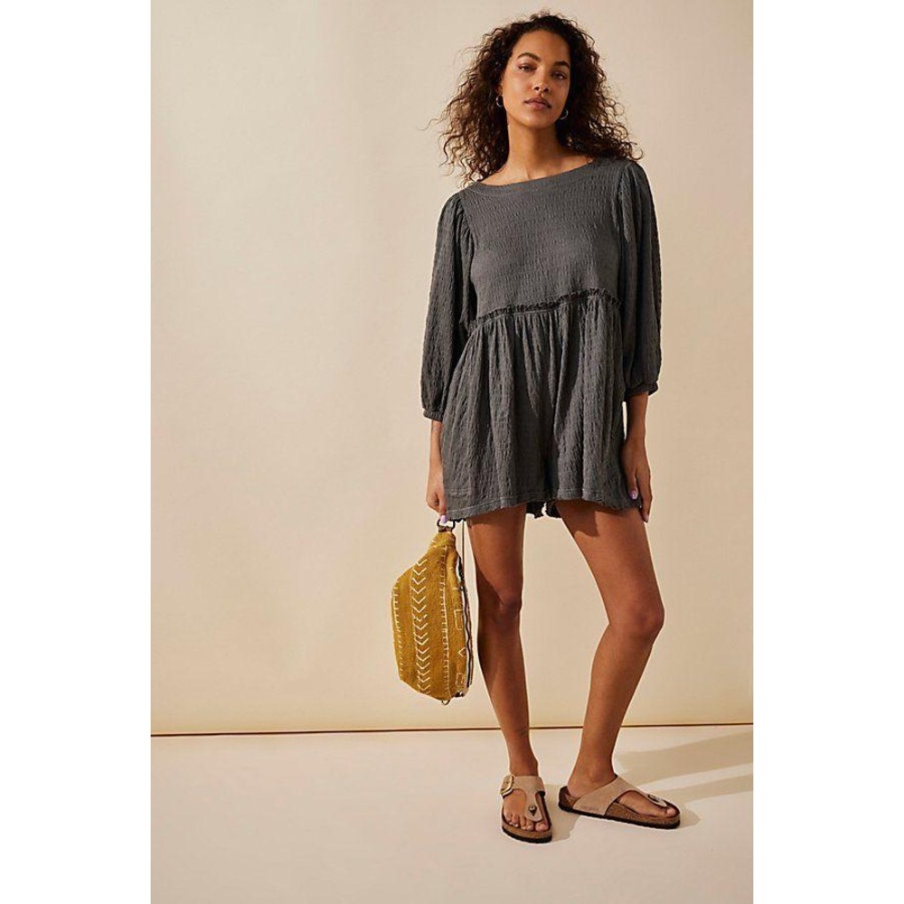 Free People Beyond Obsessed Romper Gray Puff Sleeve Babydoll Boho‎ Small